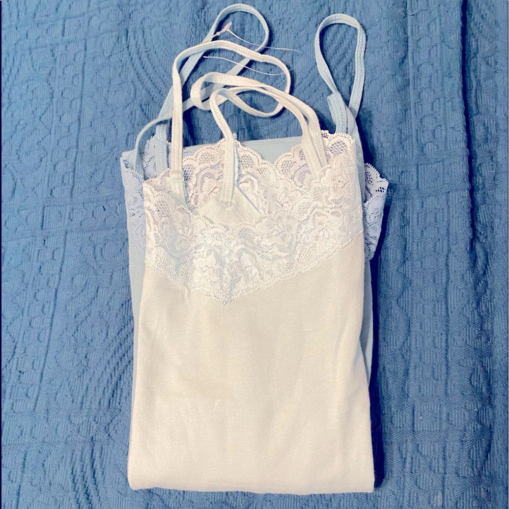 Two slate, heather grey lace camisoles